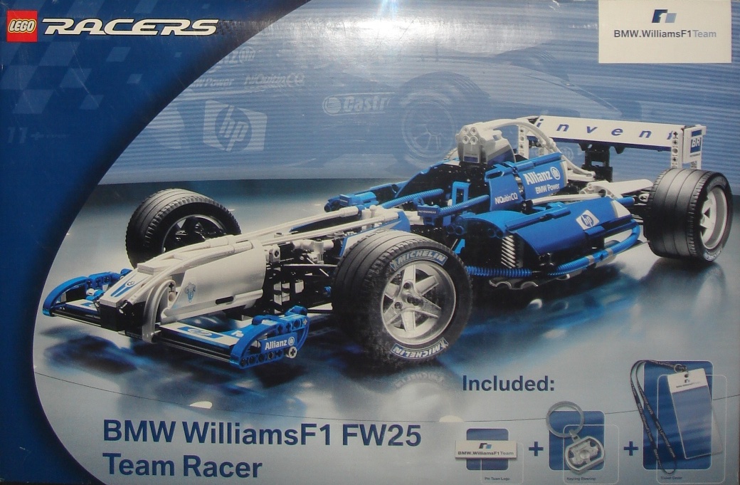 The 2003 BMW LEGO Williams F1 FW25 Team Racer set. Available only through BMW dealers and coming with a badge, keyring and lanyard/ticket holder specific to this set.
