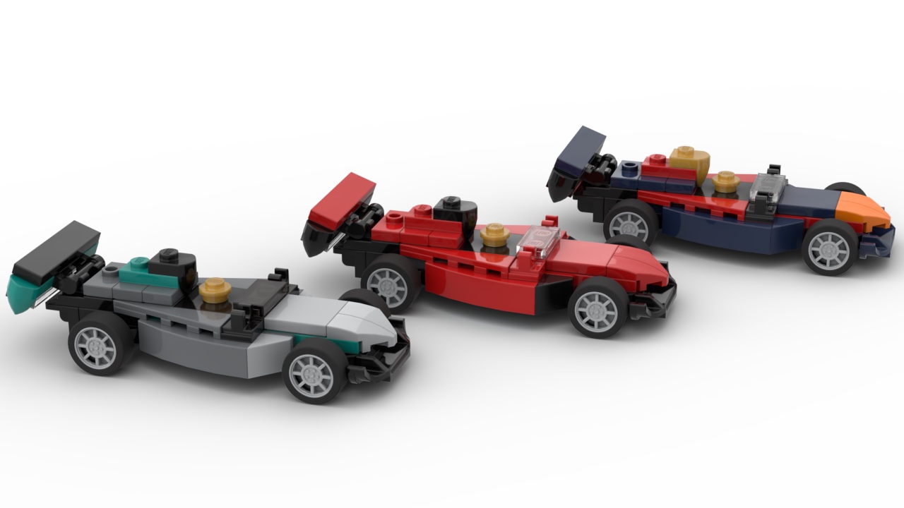The red LEGO monthly Mini Model Build Racecar 40328 lining up with our MOCs representing the Mercedes-AMG and Red Bull F1 team liveries. Read on to find out how to build these MOCs.