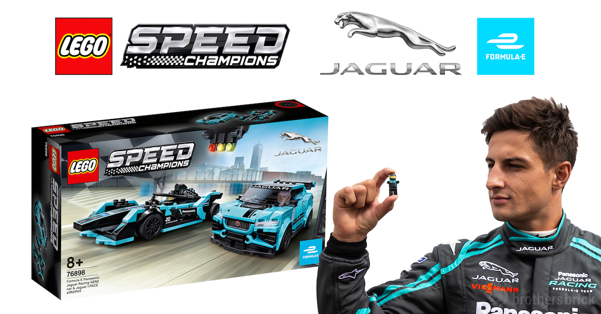 Panasonic Jaguar Racing Formula E driver Mitch Evans alongside his driver minifig in the upcoming 2020 LEGO Speed Champions set.