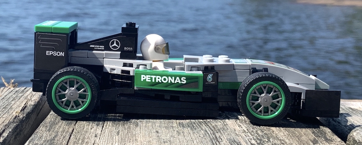 A side profile of the LEGO Speed Champions W07 Hybrid #44. The wheel rims look really good on this model and the tri-tone grey/black/green is striking.